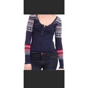 We The Free Thermal Top XS Navy Fair Isle Long Sleeve Henley Boho Waffle Knit
